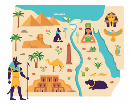 Egypt Illustrated Travel Map with Nile River Pyramid Sphinx Anubis Cleopatra Pharaoh Camel and Hippo Colorful Vector Illustration