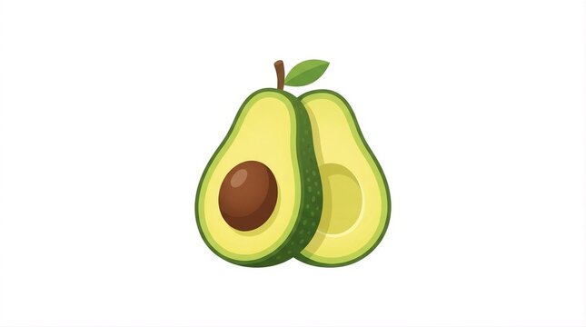 High-quality vector illustration of a fresh avocado cut in half, featuring one half with a brown seed and one empty half.
