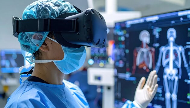 Surgeon using virtual reality headset for medical anatomy visualization.