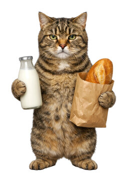 PNG Cat holding milk and bread.