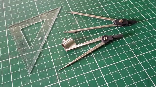 Technical drawing tools including a metal drawing compass, transparent triangular ruler, and measuring instruments arranged on a green cutting mat, used for geometry, drafting, engineering, and precis
