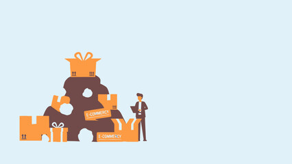 Fototapeta premium E-commerce waste and overconsumption: A businessman stands next to a large pile of packaging, highlighting environmental impact and sustainable retail challenges.