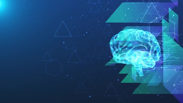Cyan brain triangle tech visual glowing neural model, polygon accents, spacious blue layout. cognitive research, e learning videos, automation topics, health science, and digital motion graphics.