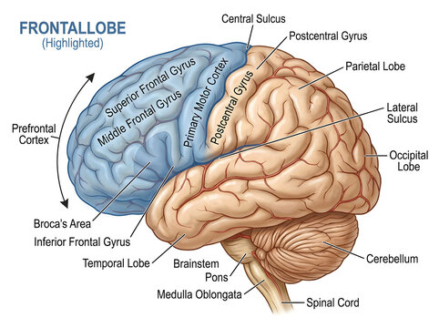 Human brain diagram with labeled frontal lobe