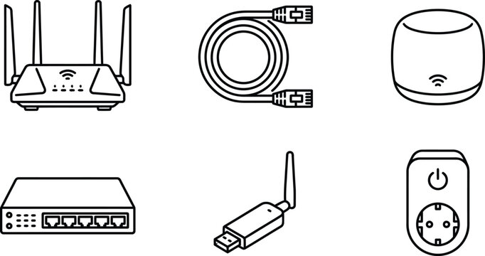 Networking hardware line icons set, wireless router and ethernet cable vector, smart home connectivity and internet equipment collection
