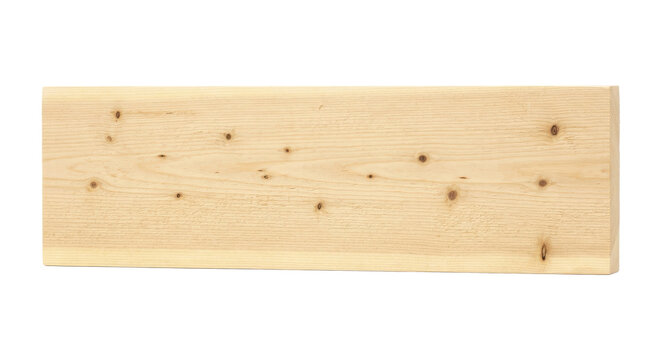 A single rectangular piece of natural knotty pine wood board isolated on a clean white background in a bright studio lighting style.