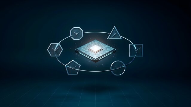 Luminous processor chip orbited by geometric clocks 3d render &ndash; Perfect for productivity management, fast computing, or time optimization
