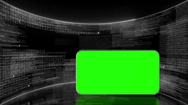 Chroma key 19 studio visual green insert screen, curved binary displays, dark reflective floor. for replacing footage, app demos, broadcast graphics, virtual sets, and motion backgrounds.