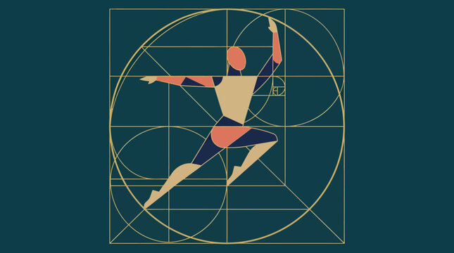 Geometric stylized human figure within golden ratio spiral and grid, representing balance and proportion, concept for art, design, and science education