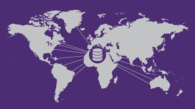 Global digital network with interconnected continents illustrating centralized data distribution, concept for international cloud computing, business analytics and secure data management.