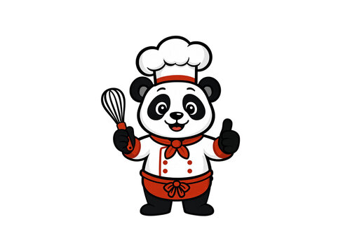 Cute panda mascot wearing a chef hat and uniform, holding a whisk with thumbs up, bakery character illustration, isolated on transparent background