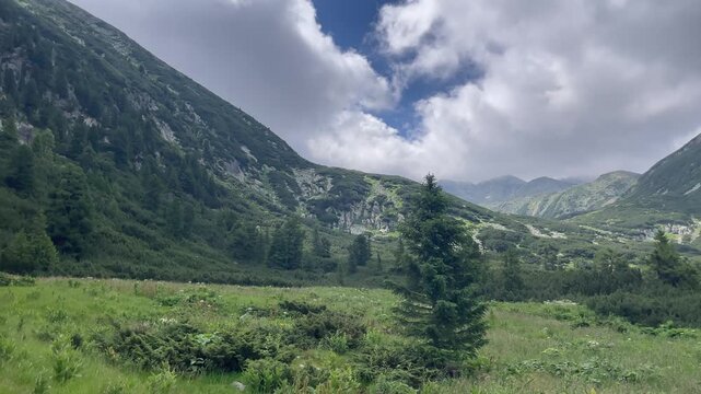 Panning shot of a scenic alpine landscape with green mountain slopes, coniferous forests, and dramatic cloudy sky in Retezat Mountains, Romania, nature and travel video, 4k, 60fps.