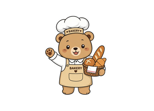 Cute bear mascot wearing a baker hat and apron, holding a basket of bread and waving, bakery character illustration, isolated on transparent background