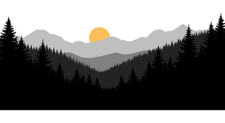 Mountain landscape with coniferous trees and sun flat vector silhouette © Sakib