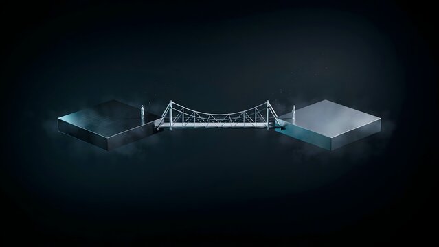Chrome suspension bridge linking floating corporate platforms 3d &ndash; Ideal for business connection, collaboration, or strategic partnership