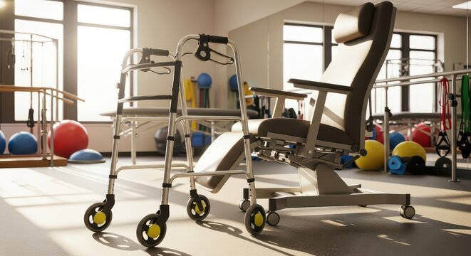 Rehabilitation room equipped for physical therapy with walker and specialized chair, physiotherapy equipment, exercise balls, bright natural light