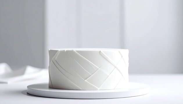 Minimalist white cake with geometric embossed pattern on stand.