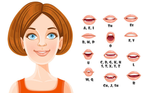 Cute brunette girl with bob cut talking mouth animation. Female character speak mouths expressions
