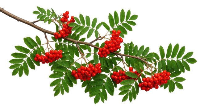 A vibrant branch of ripe red rowan berries with green leaves captured in a crisp studio shot against a clean white background.