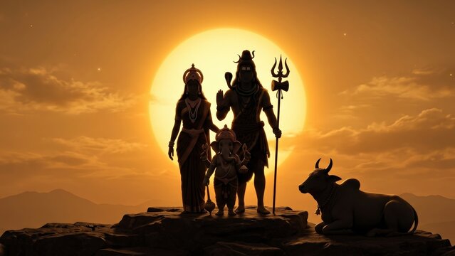 Cinematic Shiva Family Sunset Poster Featuring Nandi