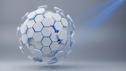 Fototapeta premium White hexagonal honeycomb platform with electric blue edge lights 3d – Suitable for cloud technology, network security, or modular framework