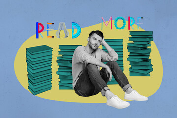Fototapeta premium Pop art full zine photo collage of happy girl guy sit library academic book stack education learner pencil ruler read more letters