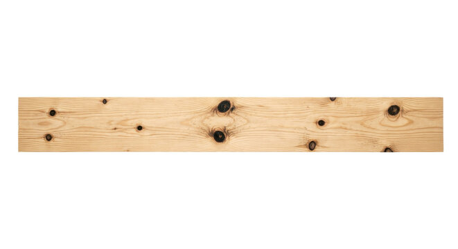 A horizontal natural pine wood plank with rustic knots captured in a clean studio shot against a white background for a minimalist aesthetic.