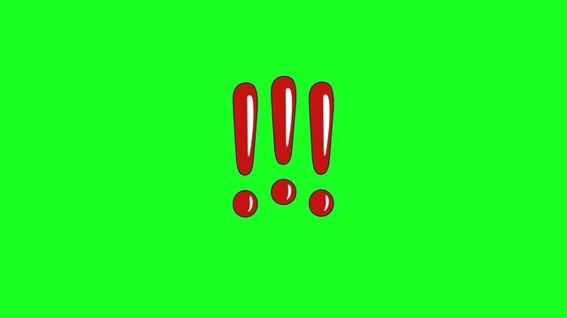 Three red cartoon exclamation marks bouncing excitedly on a green screen. Perfect for extreme urgency, major alerts, or big surprises