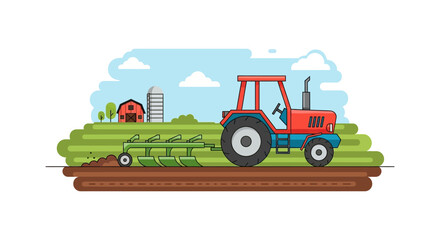 Farm Tractor With Field And Barns Vector Illustration Silhouette © Sakib