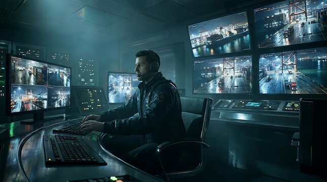 Security operator monitoring CCTV screens. Surveillance technician analyzing live feeds.