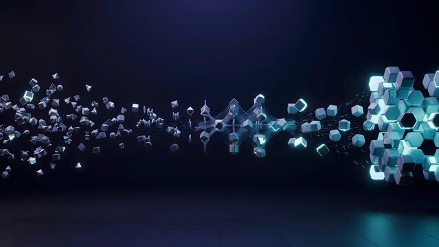 Geometric fragments organizing into crystalline data structure 3d &ndash; Ideal for machine learning, artificial intelligence, or data processing