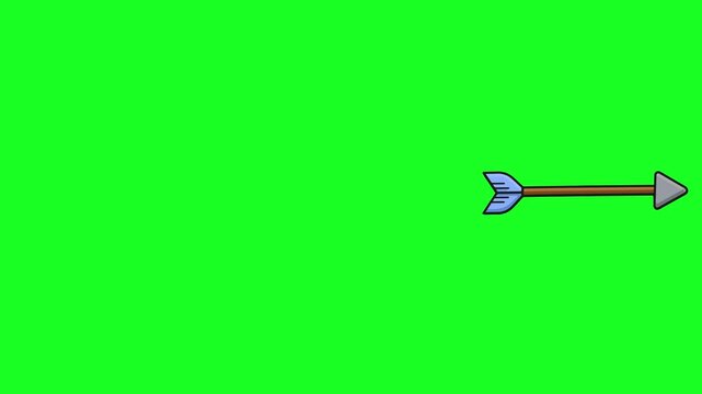 Cartoon wooden arrow flying horizontally across a green screen. Useful for archery, direction, or targeting concepts