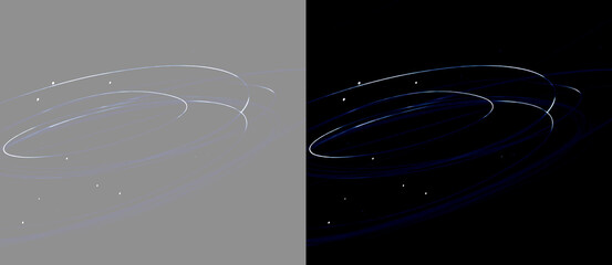 Modern minimal glowing cosmic ring swirl effect overlay set for photo editing. Futuristic circular orbit particle trail stream banner. Abstract glowing blue light spiral streak rings set © Olena