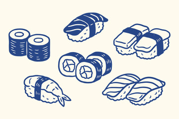 Hand drawn sushi vector set, blue ink japanese food icons, nigiri and maki rolls © Meow