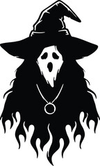 Fototapeta premium Spooky ghost witch vector, halloween phantom silhouette, dark sorceress icon