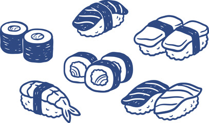 Hand drawn sushi vector set, blue ink japanese food icons, nigiri and maki rolls © Meow