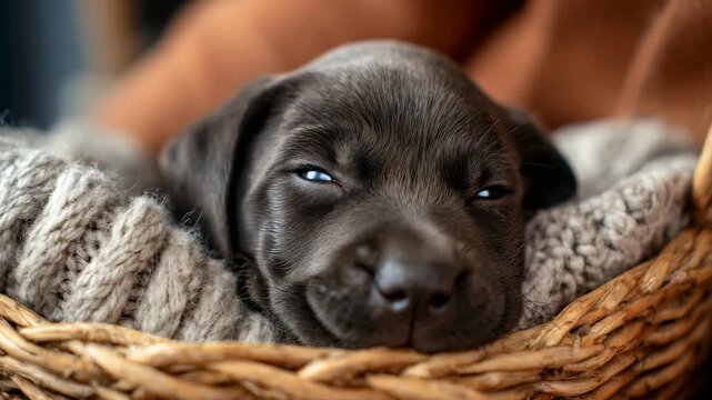 Adorable black puppy resting comfortably in a cozy woven basket, surrounded by soft knitted blankets. The cute dog gazes sleepily, creating a heartwarming and peaceful scene