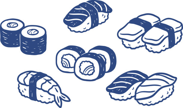 Hand drawn sushi vector set, blue ink japanese food icons, nigiri and maki rolls