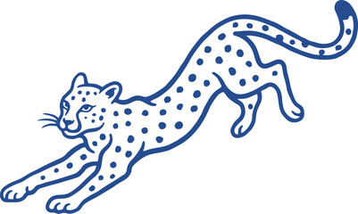 Leopard line art vector, blue cheetah illustration, wild cat jumping mascot © Meow