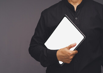Person holding blank tablet mockup for presentation © meeboonstudio