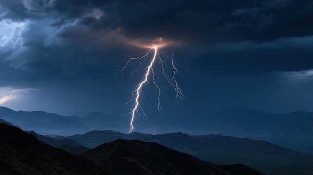 Severe thunderstorm with lightning in the mountains. Storm in mountainous area.