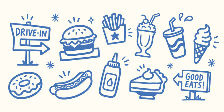 Retro fast food doodles, vintage diner icons set, blue line art food vector