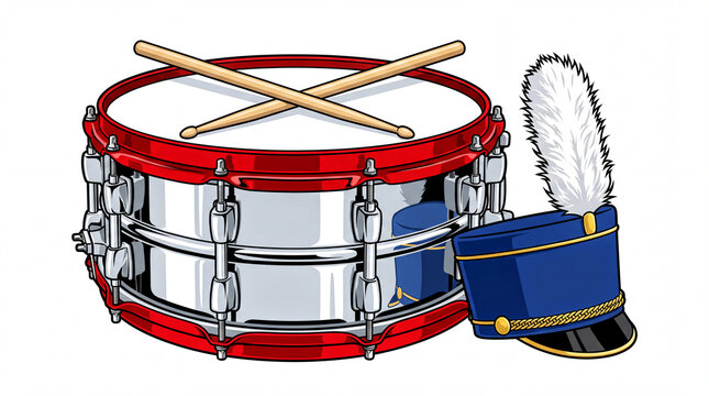 band instruments art, a polished snare drum with crossed sticks and a blue marching hat nearby