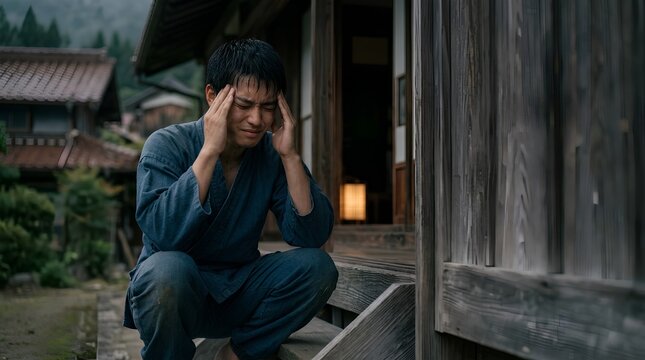 古民家の縁側で頭を抱え激しい頭痛に苦しむ若い男性
