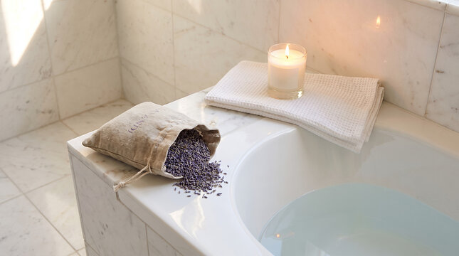 Lavender sachet relaxing ambiance near a bathtub with candlelight