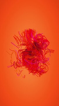 Vertical neural network cluster of tangled red and magenta wirelines pulsing on an orange background for mobile technology and AI brain concepts