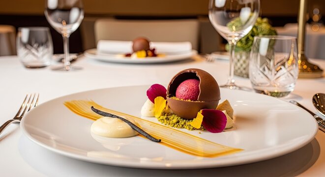 Gourmet chocolate sphere dessert with edible flowers on white plate.