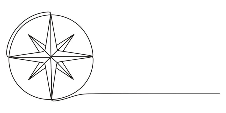 Continuous single line drawing of a navigation compass rose icon
