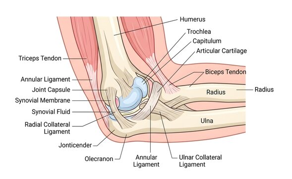 Human elbow joint anatomy diagram with detailed medical labels showing bones ligaments and tendons