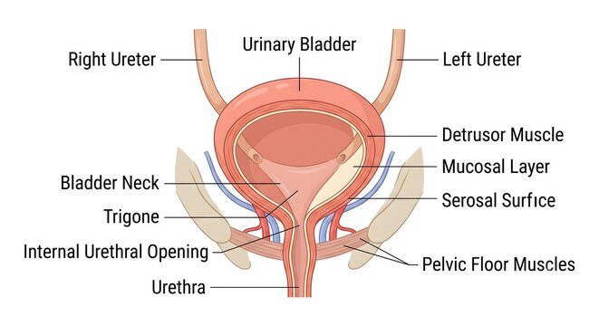 Human urinary bladder anatomy cross section diagram with detailed medical labels showing internal structures